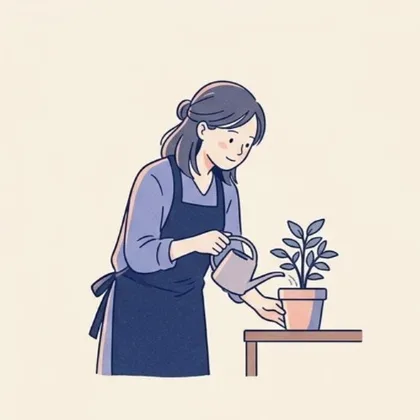 エプロン姿の女性が鉢植えに水をあげているイラスト