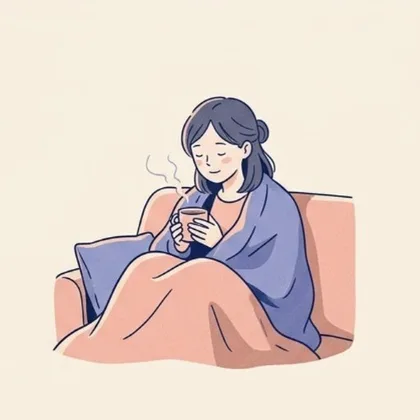 毛布にくるまって温かい飲み物を飲む女性のイラスト